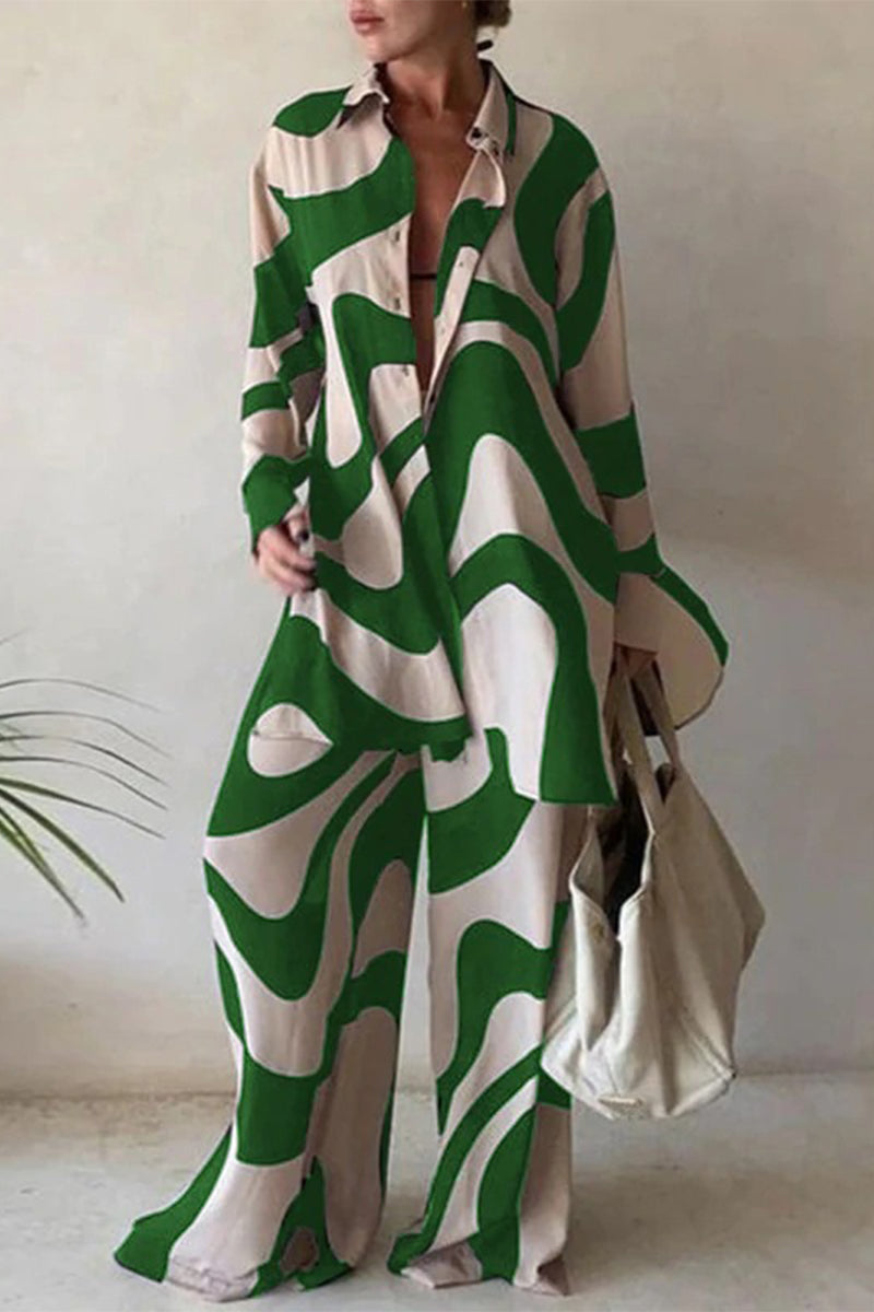 Ladies' Lapel Printed Top+pants Loose Casual Suit - Seldom Seen Styles
