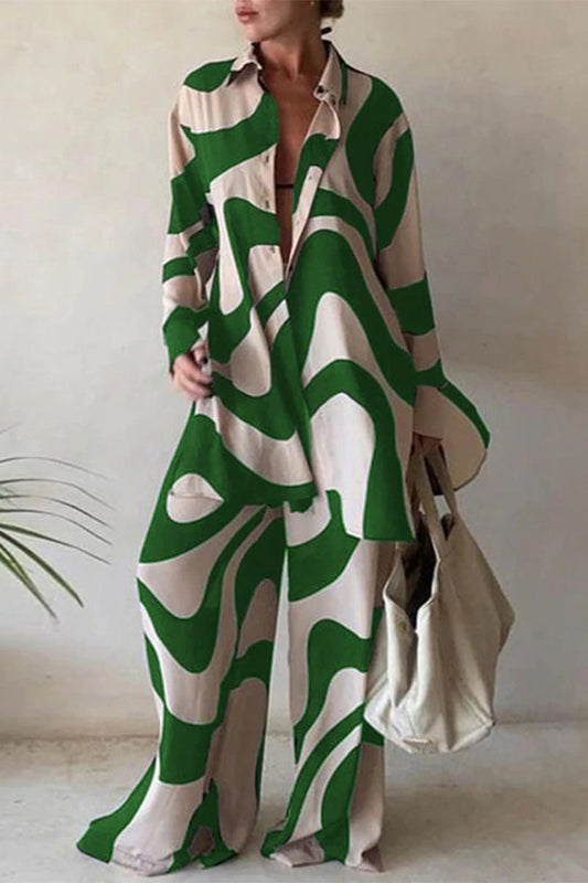 Ladies' Lapel Printed Top+pants Loose Casual Suit - Seldom Seen Styles