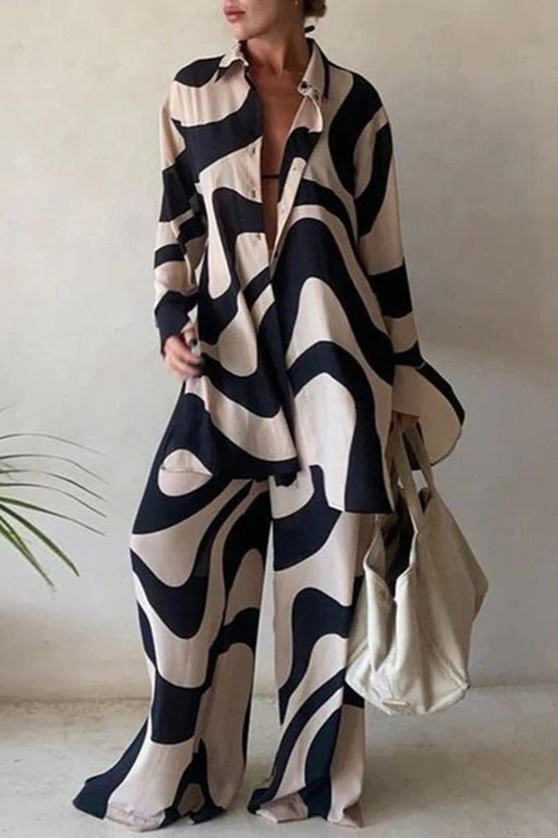 Ladies' Lapel Printed Top+pants Loose Casual Suit - Seldom Seen Styles