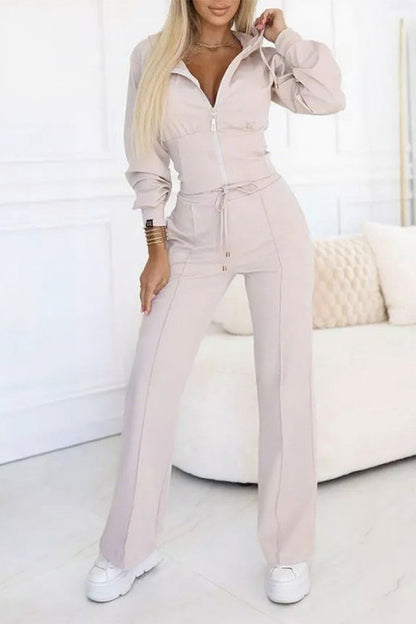 Damen Rundhals Kapuzenpullover mit Reißverschluss + Hose mit lässigem Temperament-Anzug