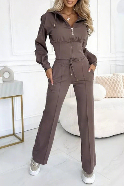 Damen Rundhals Kapuzenpullover mit Reißverschluss + Hose mit lässigem Temperament-Anzug
