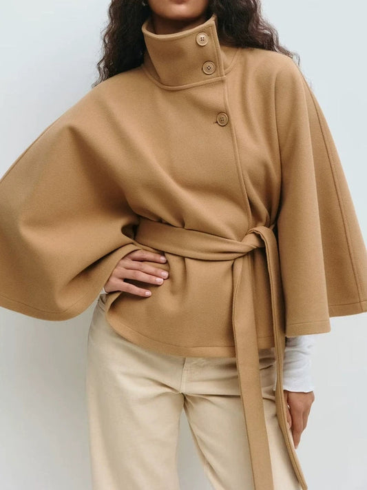 Ladies Standing Collar Cape Button Waistband Windbreaker Coat - Seldom Seen Styles