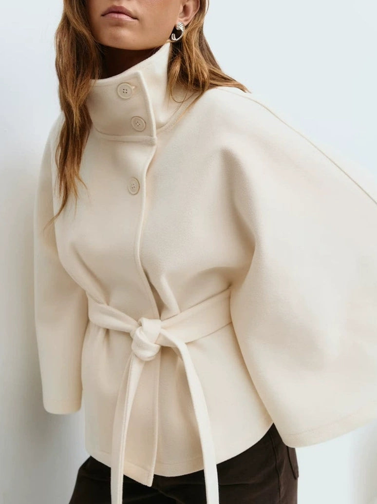 Ladies Standing Collar Cape Button Waistband Windbreaker Coat - Seldom Seen Styles