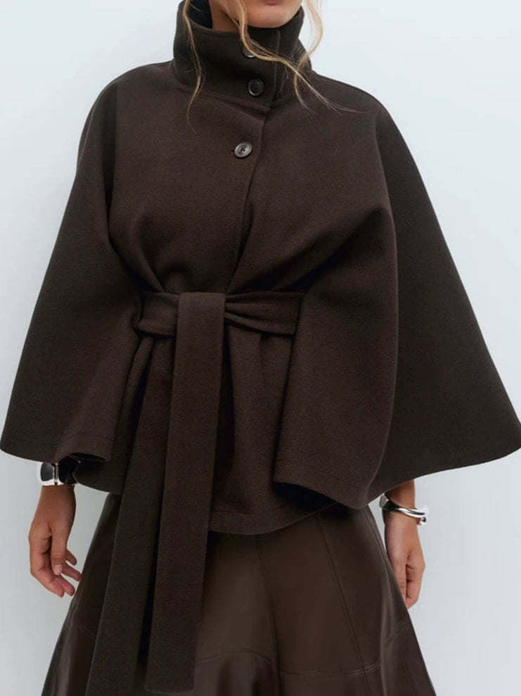Ladies Standing Collar Cape Button Waistband Windbreaker Coat - Seldom Seen Styles