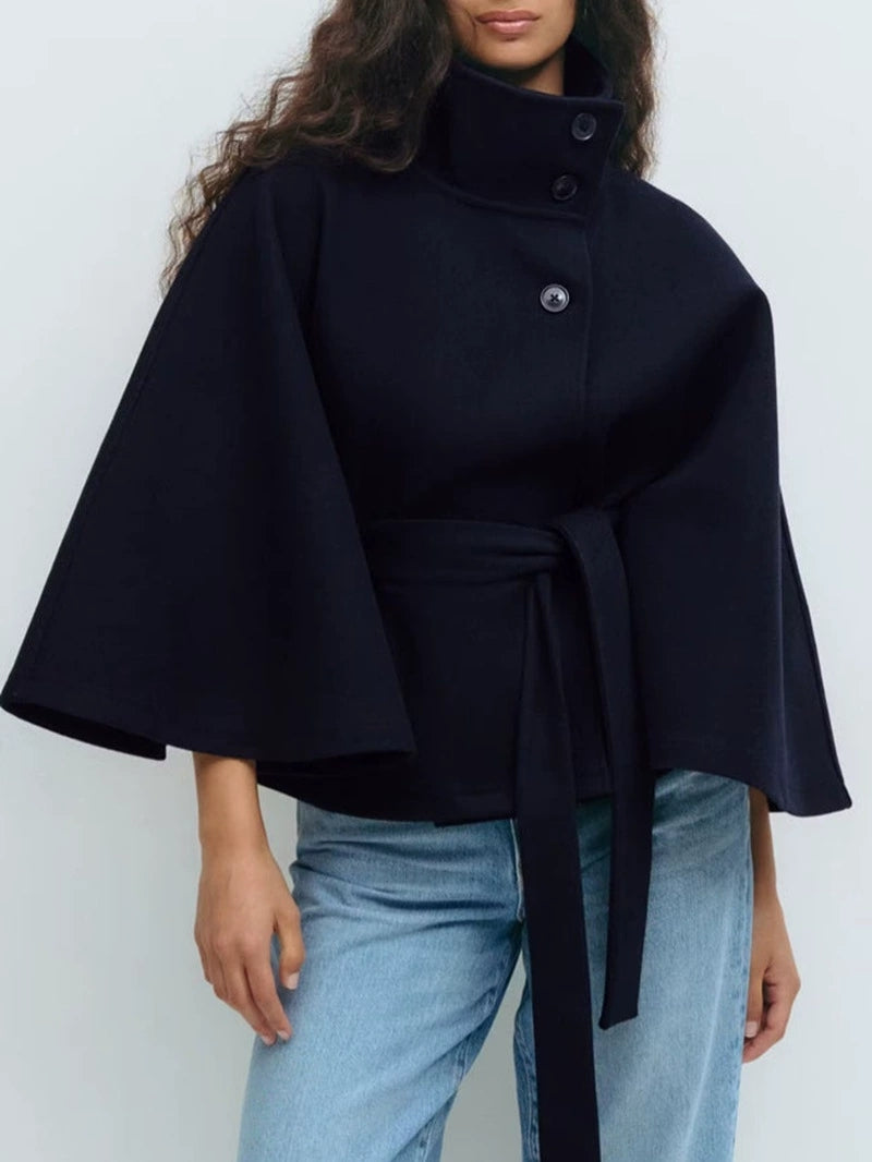 Ladies Standing Collar Cape Button Waistband Windbreaker Coat - Seldom Seen Styles
