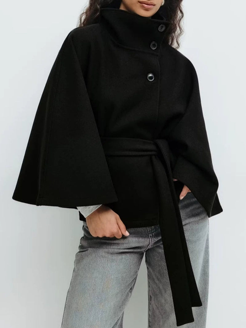 Ladies Standing Collar Cape Button Waistband Windbreaker Coat - Seldom Seen Styles