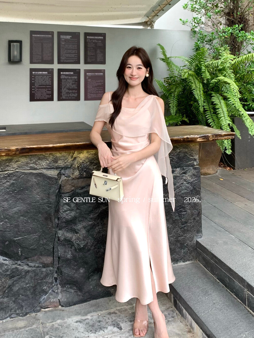 Lady's French romantic ribbon satin asymmetric design ribbon waist pleated fishtail dress - Seldom Seen Styles