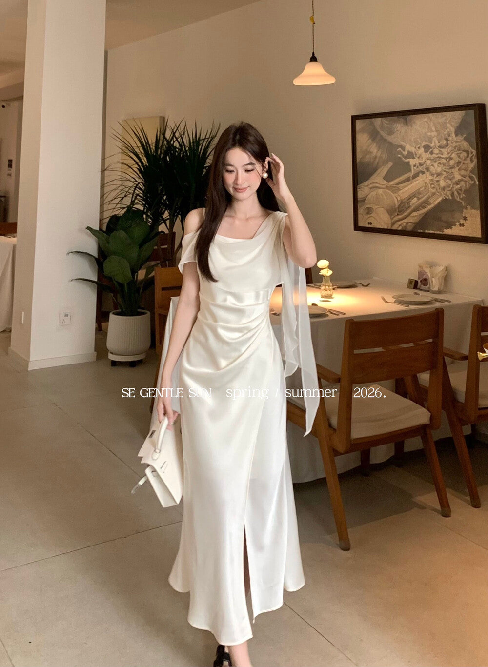 Lady's French romantic ribbon satin asymmetric design ribbon waist pleated fishtail dress - Seldom Seen Styles