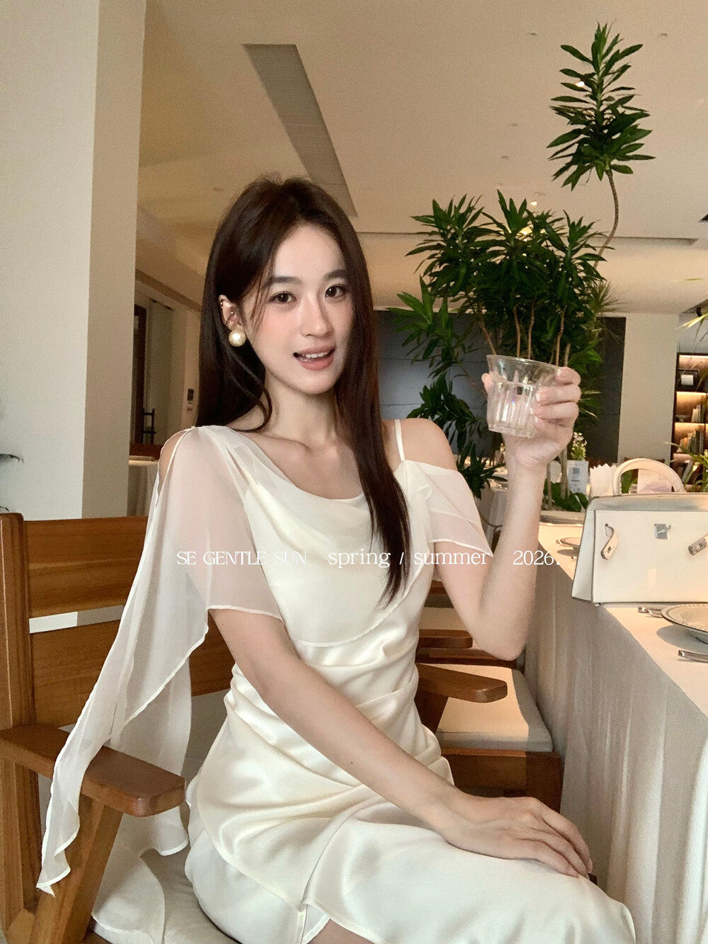 Lady's French romantic ribbon satin asymmetric design ribbon waist pleated fishtail dress - Seldom Seen Styles