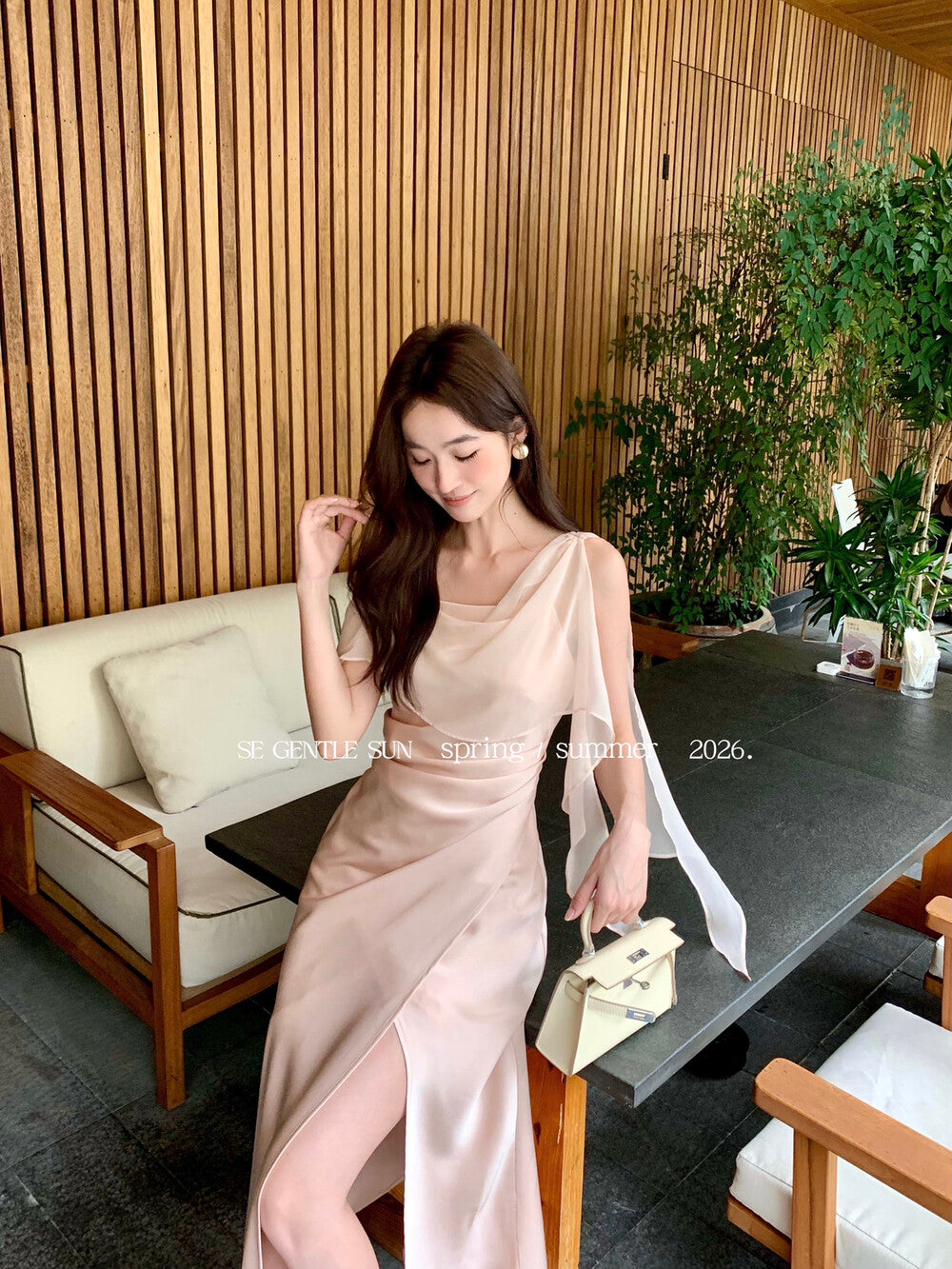 Lady's French romantic ribbon satin asymmetric design ribbon waist pleated fishtail dress - Seldom Seen Styles