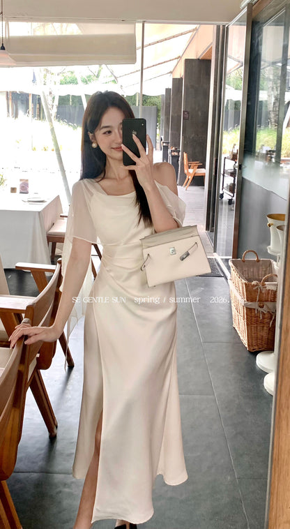 Robe asymétrique en satin à ruban romantique plissé taille ruban coupe sirène pour femme