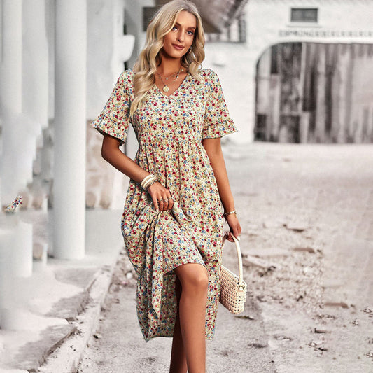 Lauren | Women's V-Neck Ruffle Sleeve Midi Dress - Seldom Seen Styles
