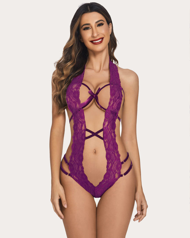 Purple lace deep V halter teddy lingerie with bow detail and backless design, sensual wear.