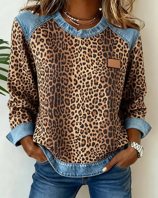 Leopard Print Patchwork Denim Sweater - Seldom Seen Styles