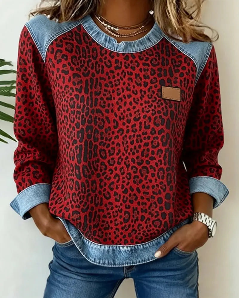Leopard Print Patchwork Denim Sweater - Seldom Seen Styles