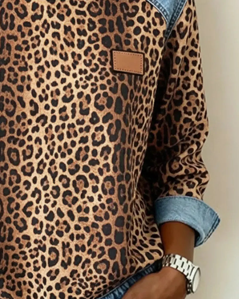 Leopard Print Patchwork Denim Sweater - Seldom Seen Styles