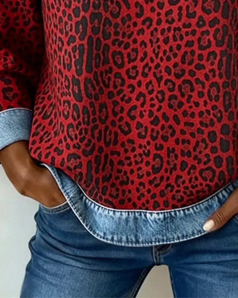 Leopard Print Patchwork Denim Sweater - Seldom Seen Styles