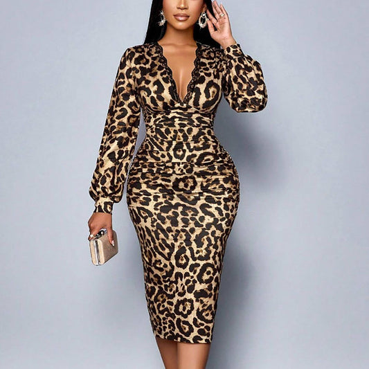 Leopard print long-sleeved slit V-neck maxi dress - Seldom Seen Styles