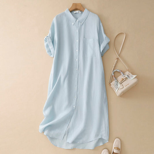 Light Blue Linen Short Sleeve Button Down Shirt Dress Collared Loose Fit Casual Midi Dress - Seldom Seen Styles