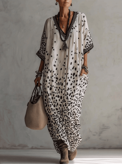 Robe longue en mousseline de soie à imprimé léopard dégradé gris clair