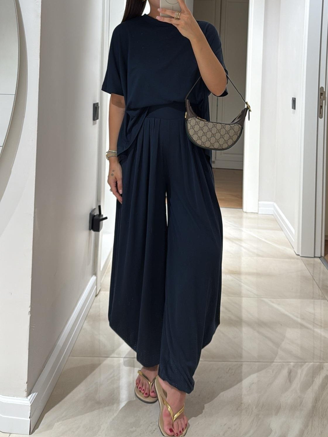 Light Grey Casual Top and Wide-leg Pants Set - Seldom Seen Styles