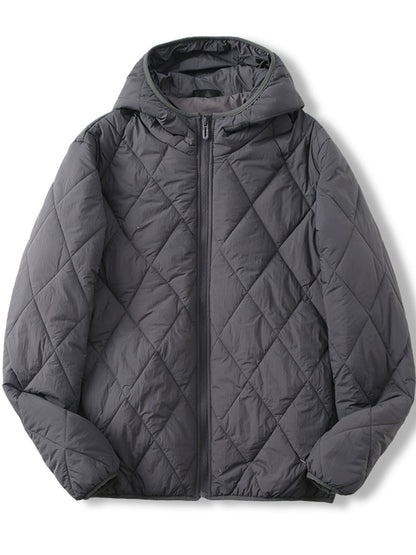 Leichte und warme Maulbeerseide Outdoor winddichte Kapuzen-Rautensteppjacke für Damen und Herren