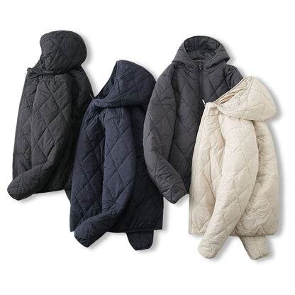 Leichte und warme Maulbeerseide Outdoor winddichte Kapuzen-Rautensteppjacke für Damen und Herren