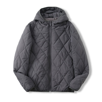 Leichte und warme Maulbeerseide Outdoor winddichte Kapuzen-Rautensteppjacke für Damen und Herren