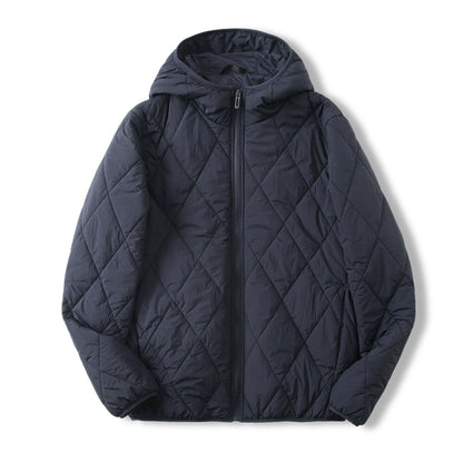 Leichte und warme Maulbeerseide Outdoor winddichte Kapuzen-Rautensteppjacke für Damen und Herren