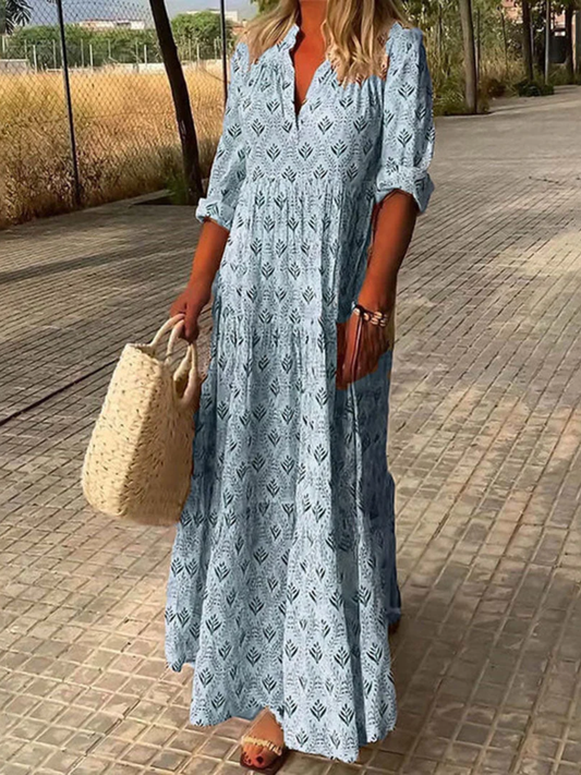 Lila Linen Blend Loose Floral V-Neck Long Sleeve Maxi Dress - Seldom Seen Styles
