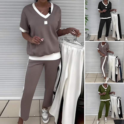 ⏳Zeitlich begrenzter 50% Rabatt💥Lässiger Zweiteiler für Damen: V-Ausschnitt Oberteil und Hose