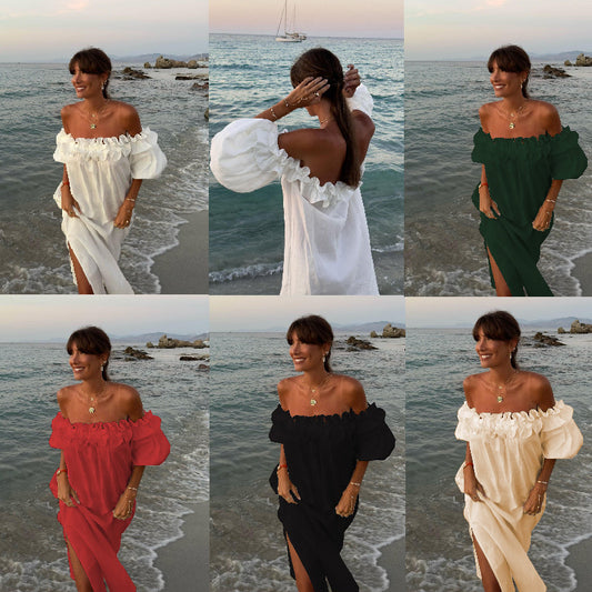 Linen Blend Off Shoulder Ruffle Puff Sleeve Pocketed Midi Dress Cotton Sexy Split Vacation Dress for Women - Seldom Seen Styles