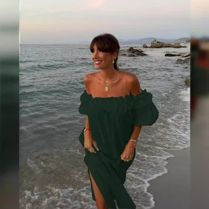 Linen Blend Off Shoulder Ruffle Puff Sleeve Pocketed Midi Dress Cotton Sexy Split Vacation Dress for Women - Seldom Seen Styles