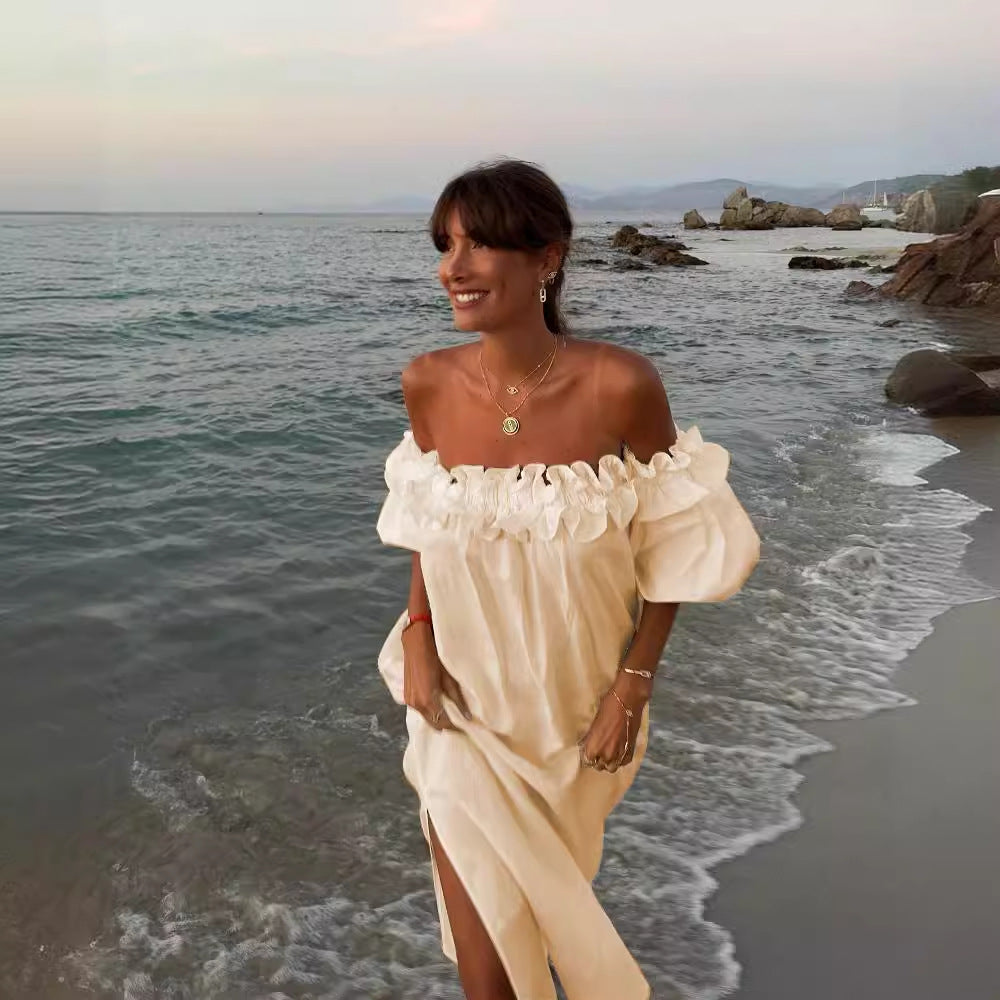 Linen Blend Off Shoulder Ruffle Puff Sleeve Pocketed Midi Dress Cotton Sexy Split Vacation Dress for Women - Seldom Seen Styles