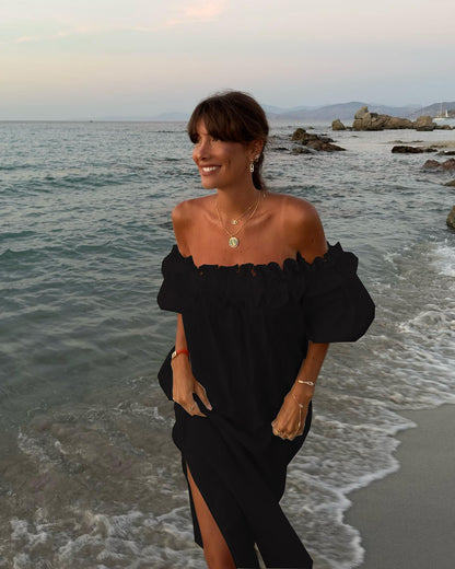 Linen Blend Off Shoulder Ruffle Puff Sleeve Pocketed Midi Dress Cotton Sexy Split Vacation Dress for Women - Seldom Seen Styles