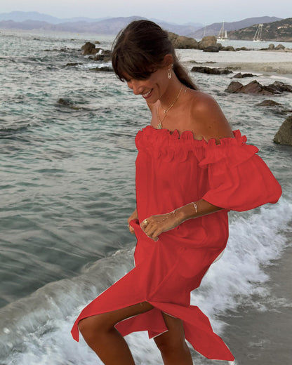 Linen Blend Off Shoulder Ruffle Puff Sleeve Pocketed Midi Dress Cotton Sexy Split Vacation Dress for Women - Seldom Seen Styles