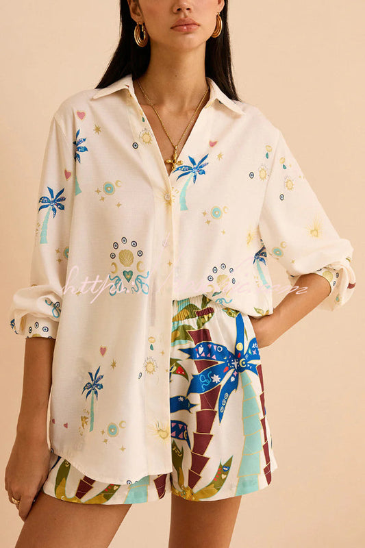 Linen Blend Summer Printed Collared Long-sleeved Shirt and Elastic Waist Pocket Casual Shorts Set - Seldom Seen Styles