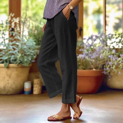 Leinenhose Damen Sommer Elastische Taille Gerades Bein Übergröße Crop Pants Lässige Strandhose mit Taschen