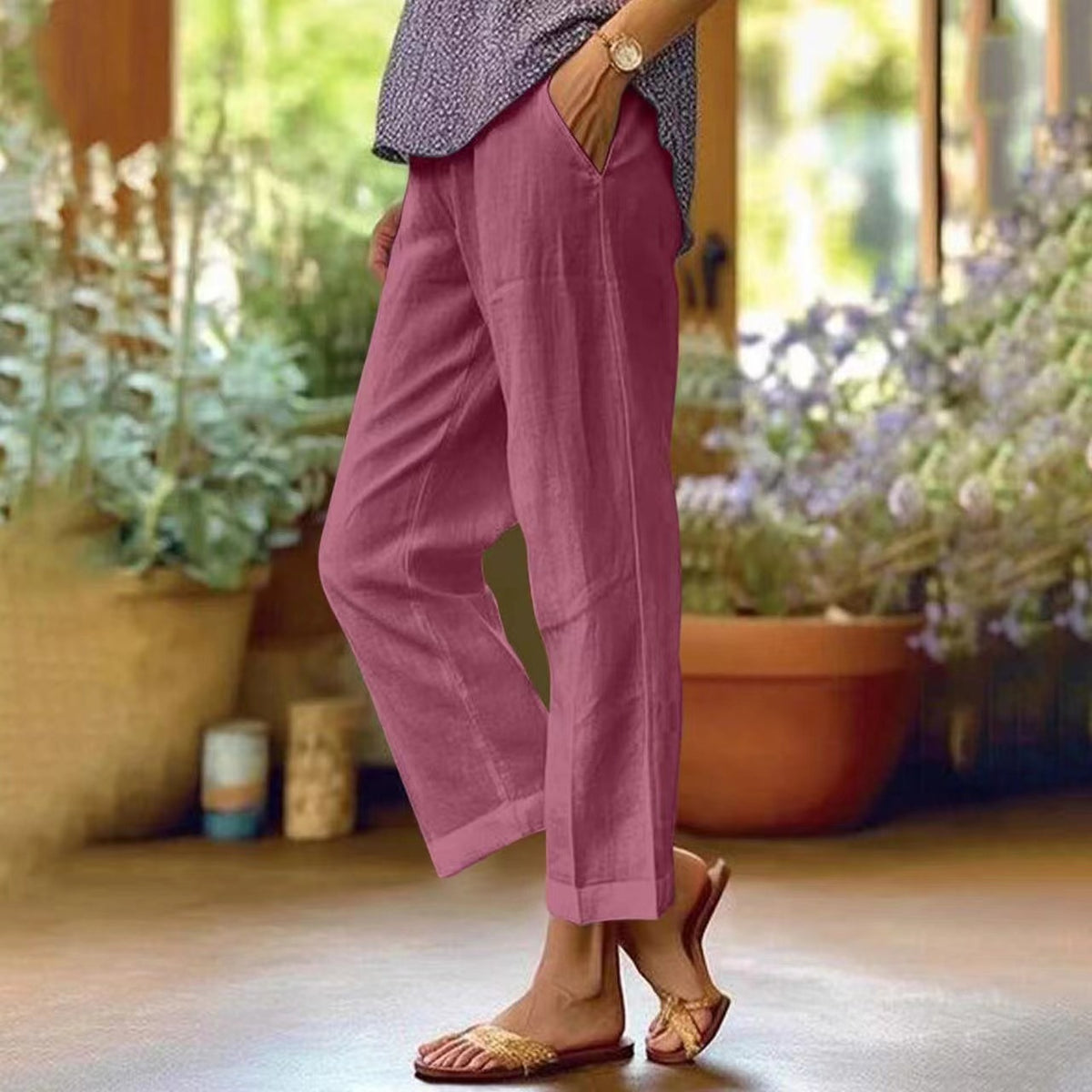 Linen Pants Women Summer Elastic Waist Straight Leg Plus Size Crop Pants Casual Beach Trousers with Pockets - Seldom Seen Styles
