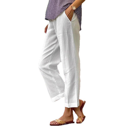 Leinenhose Damen Sommer Elastische Taille Gerades Bein Übergröße Crop Pants Lässige Strandhose mit Taschen