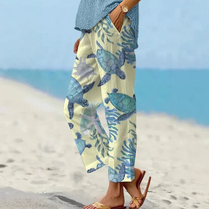 Leinenhose Damen Sommer Elastische Taille Gerades Bein Übergröße Crop Pants Lässige Strandhose mit Taschen
