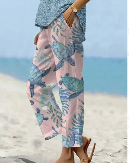 Leinenhose Damen Sommer Elastische Taille Gerades Bein Übergröße Crop Pants Lässige Strandhose mit Taschen