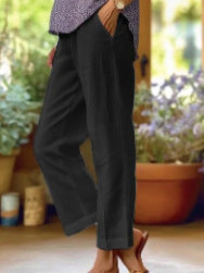 Leinenhose Damen Sommer Elastische Taille Gerades Bein Übergröße Crop Pants Lässige Strandhose mit Taschen