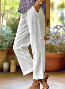 Leinenhose Damen Sommer Elastische Taille Gerades Bein Übergröße Crop Pants Lässige Strandhose mit Taschen