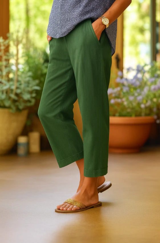 Linen Pants Women Summer Elastic Waist Straight Leg Plus Size Crop Pants Casual Beach Trousers with Pockets - Seldom Seen Styles