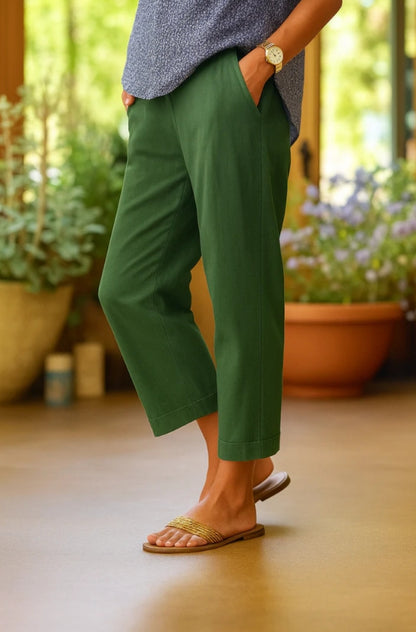Leinenhose Damen Sommer Elastische Taille Gerades Bein Übergröße Crop Pants Lässige Strandhose mit Taschen
