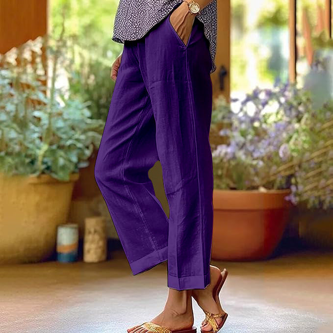 Linen Pants Women Summer Elastic Waist Straight Leg Plus Size Crop Pants Casual Beach Trousers with Pockets - Seldom Seen Styles