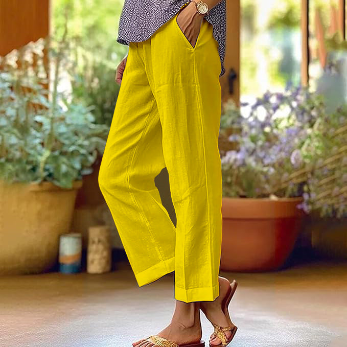 Linen Pants Women Summer Elastic Waist Straight Leg Plus Size Crop Pants Casual Beach Trousers with Pockets - Seldom Seen Styles