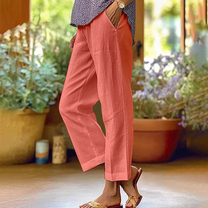 Leinenhose Damen Sommer Elastische Taille Gerades Bein Übergröße Crop Pants Lässige Strandhose mit Taschen