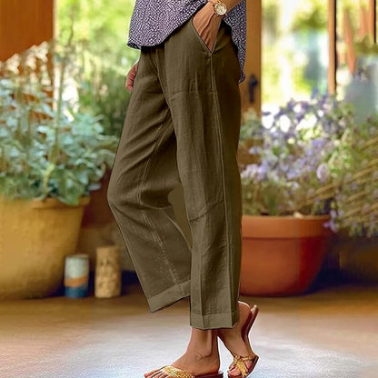 Leinenhose Damen Sommer Elastische Taille Gerades Bein Übergröße Crop Pants Lässige Strandhose mit Taschen